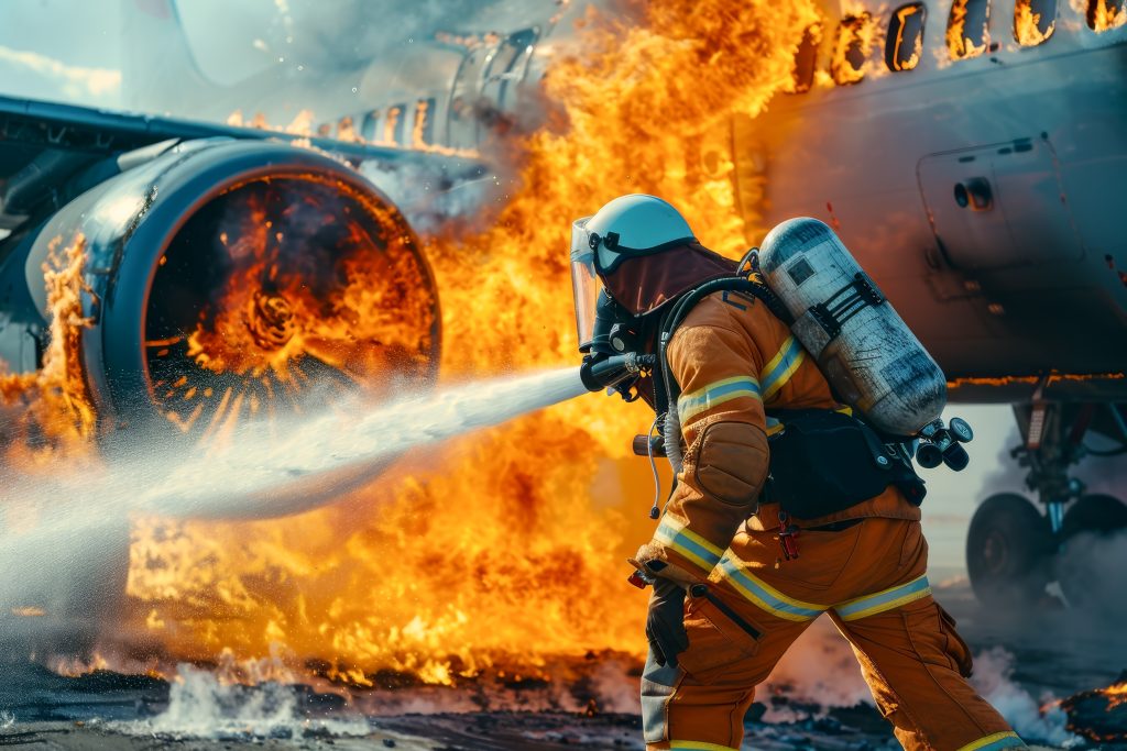 Firefighter in breathing apparatus hosing down a burning aircraft